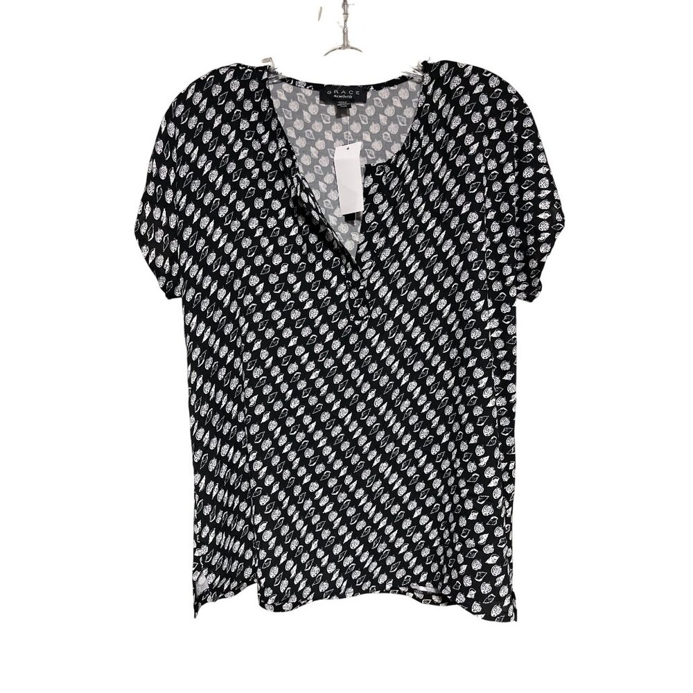 Grace Womens Blouse Black & White Seashell Print Size M Lightweight V-Neck
